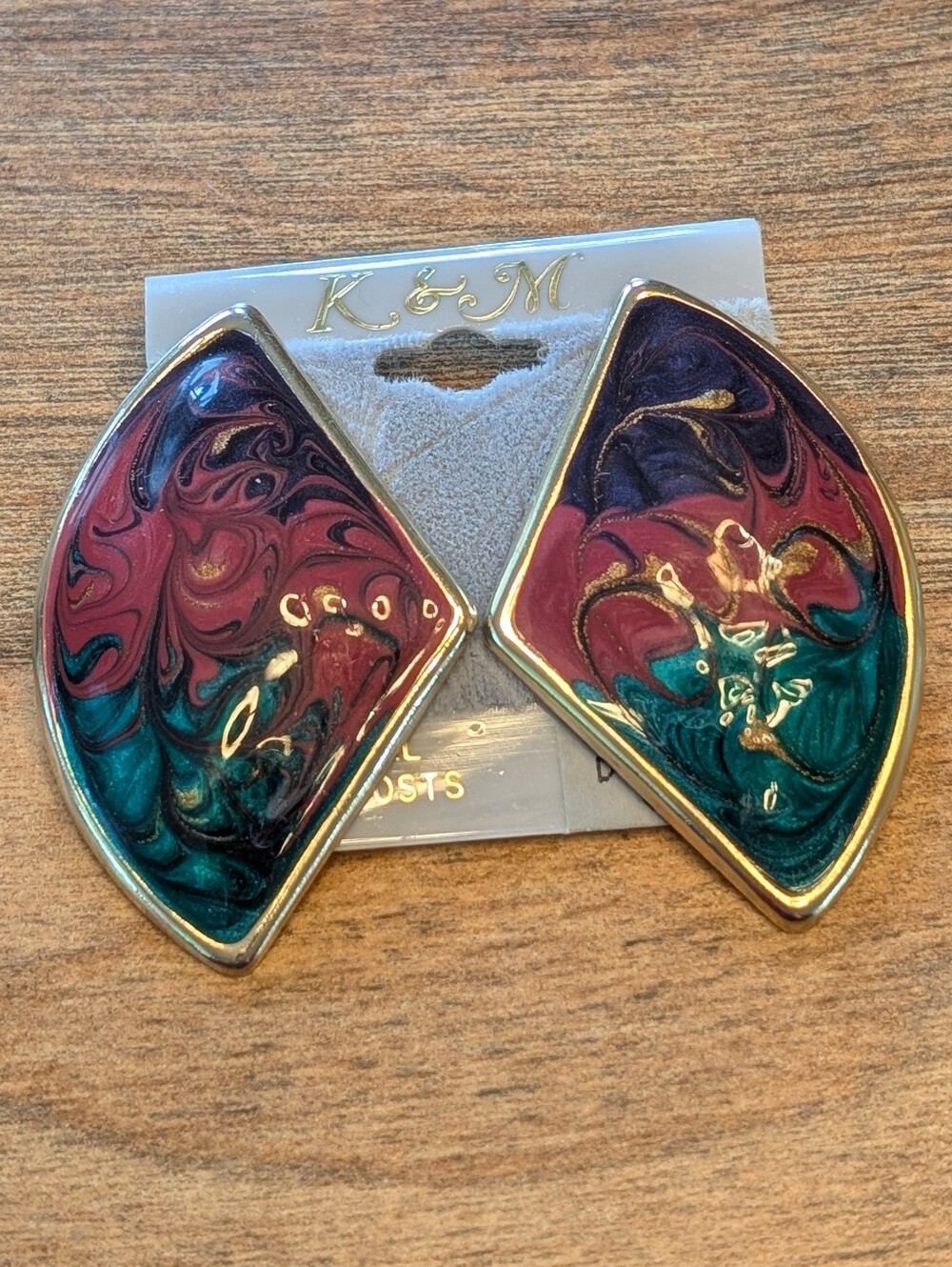 Vintage 1980's K&M Gold-tone Earrings With Teal/Purple/ + Red Enamel Swirling